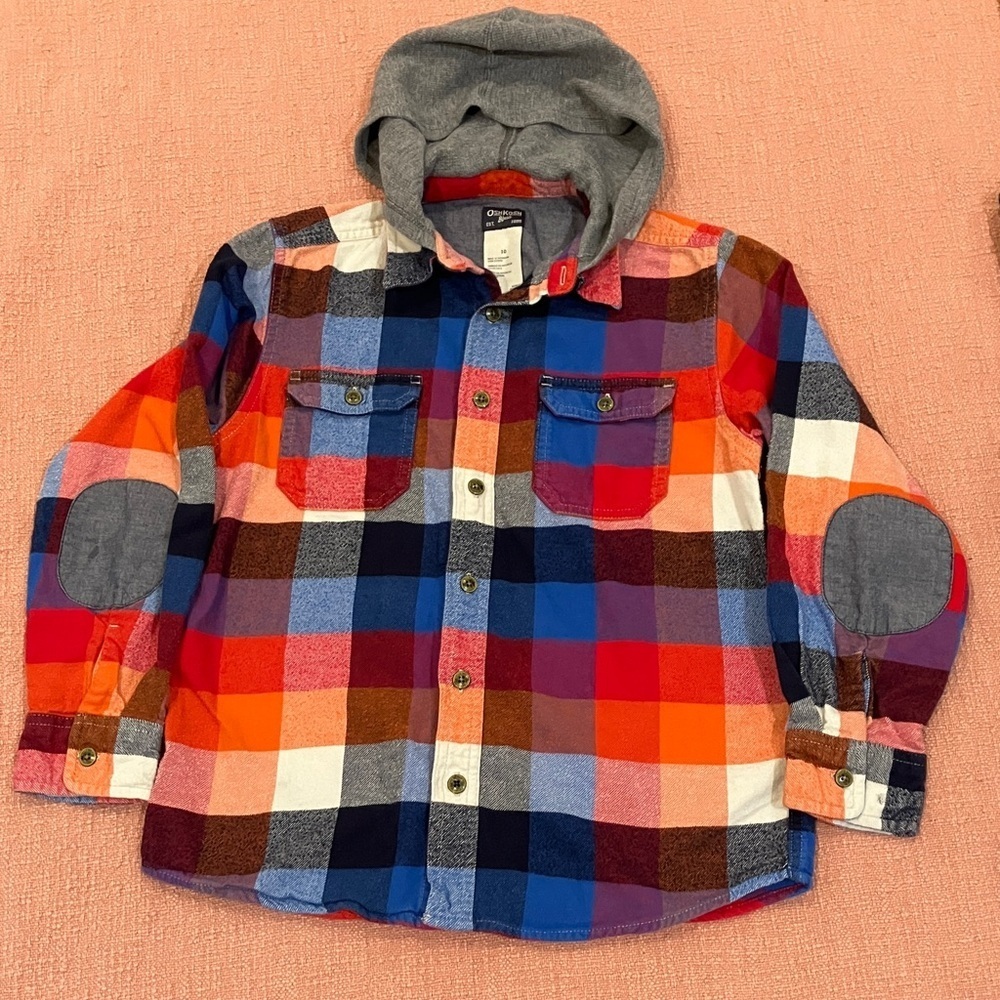 Multicolor Plaid Button Down Shirt with Hood